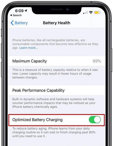حالة البطارية Battery Health في iOS 13